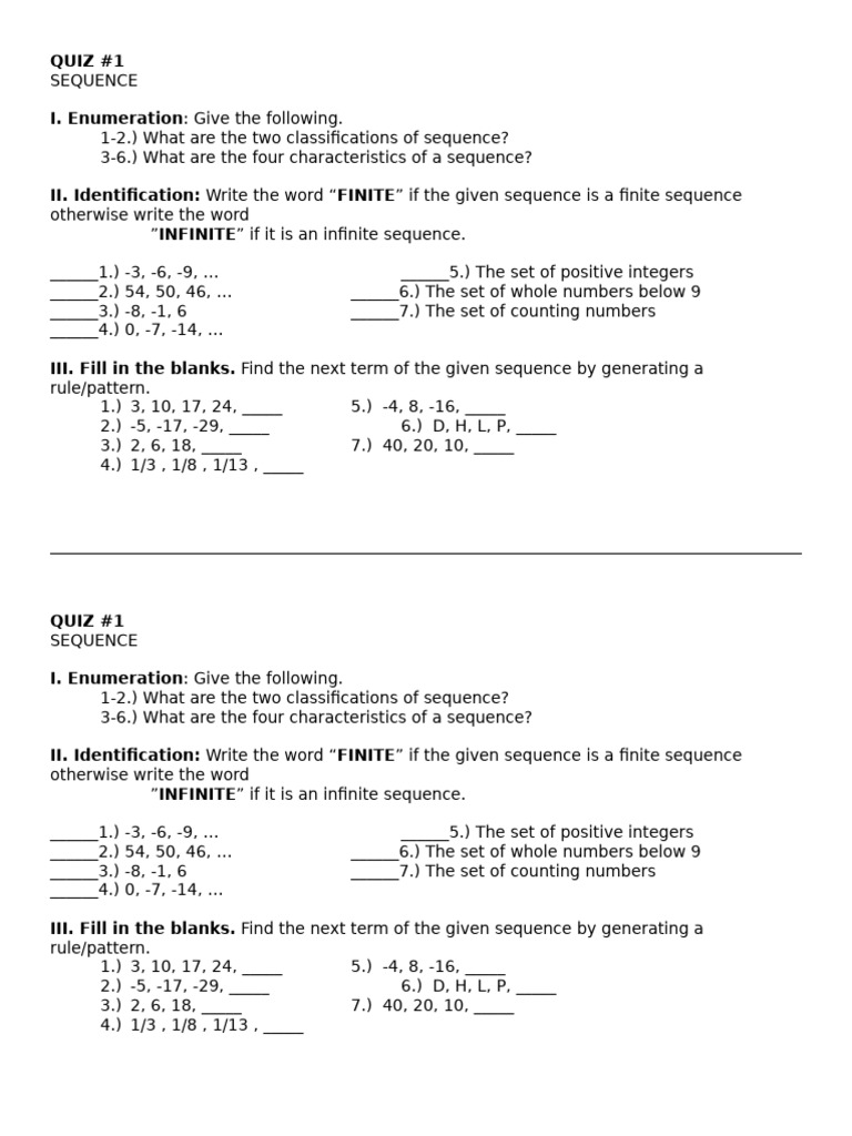 Sequence Quiz for Students | PDF