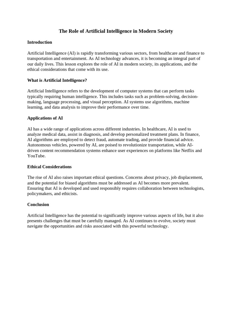 The Role of Artificial Intelligence in Modern Society | PDF