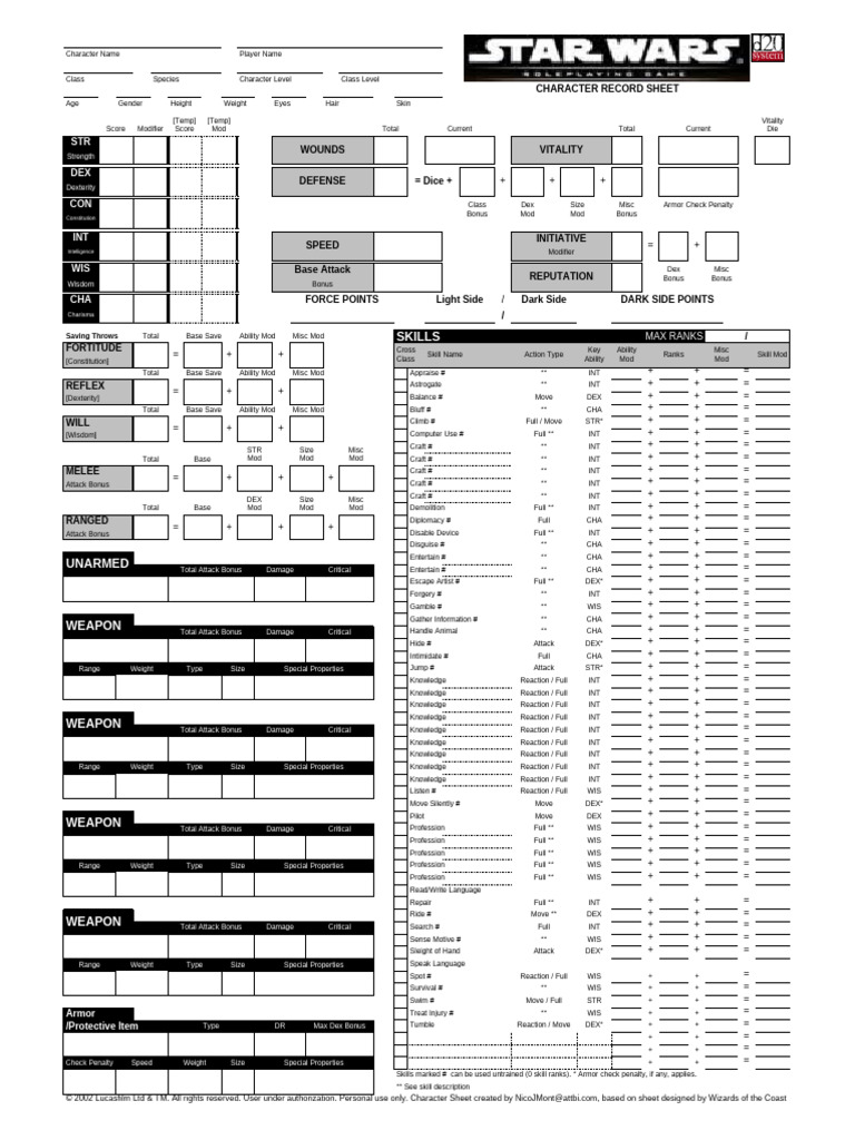 Nico J Mont - Character Starship Vehicle Sheets | PDF