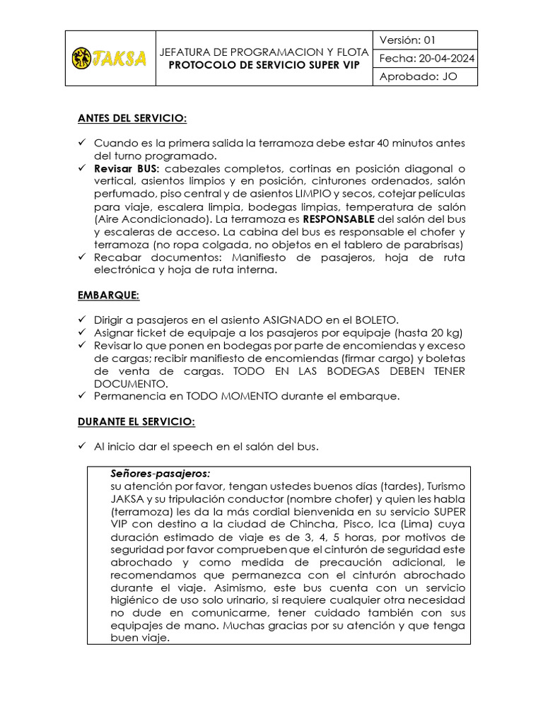 Protocolo - Servicio Super Vip | PDF