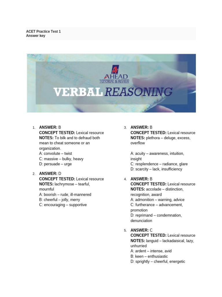 Ahead - Acet Practice Test 1 (Answer Key) | PDF