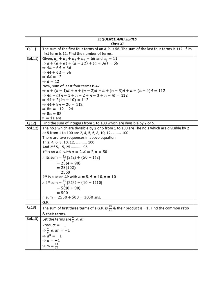 CBSE Class 11 Mathematics Worksheet - Sequences and Series | PDF