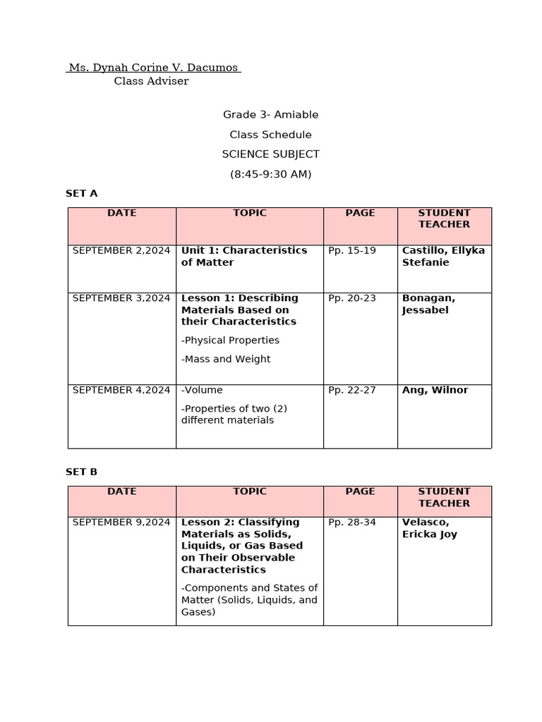 Grade 3 Schedule Science | PDF
