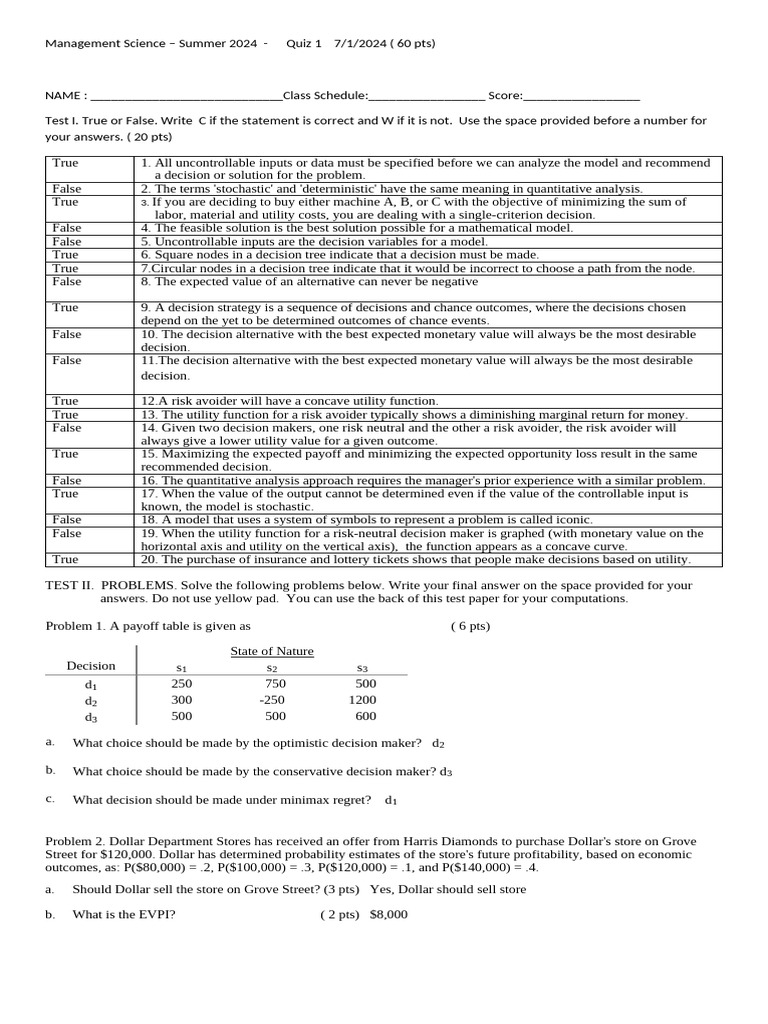 Management Science Quiz - Summer 2024 | PDF | Utility | Technology ...