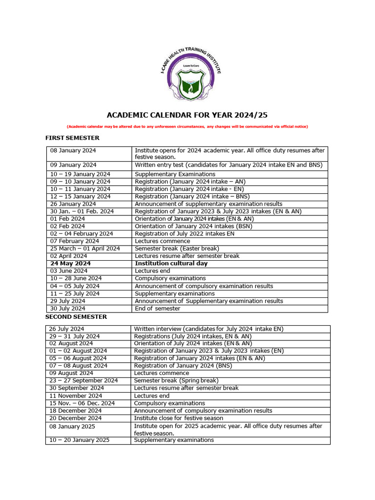 Academic Calendar For Year 2024 | PDF