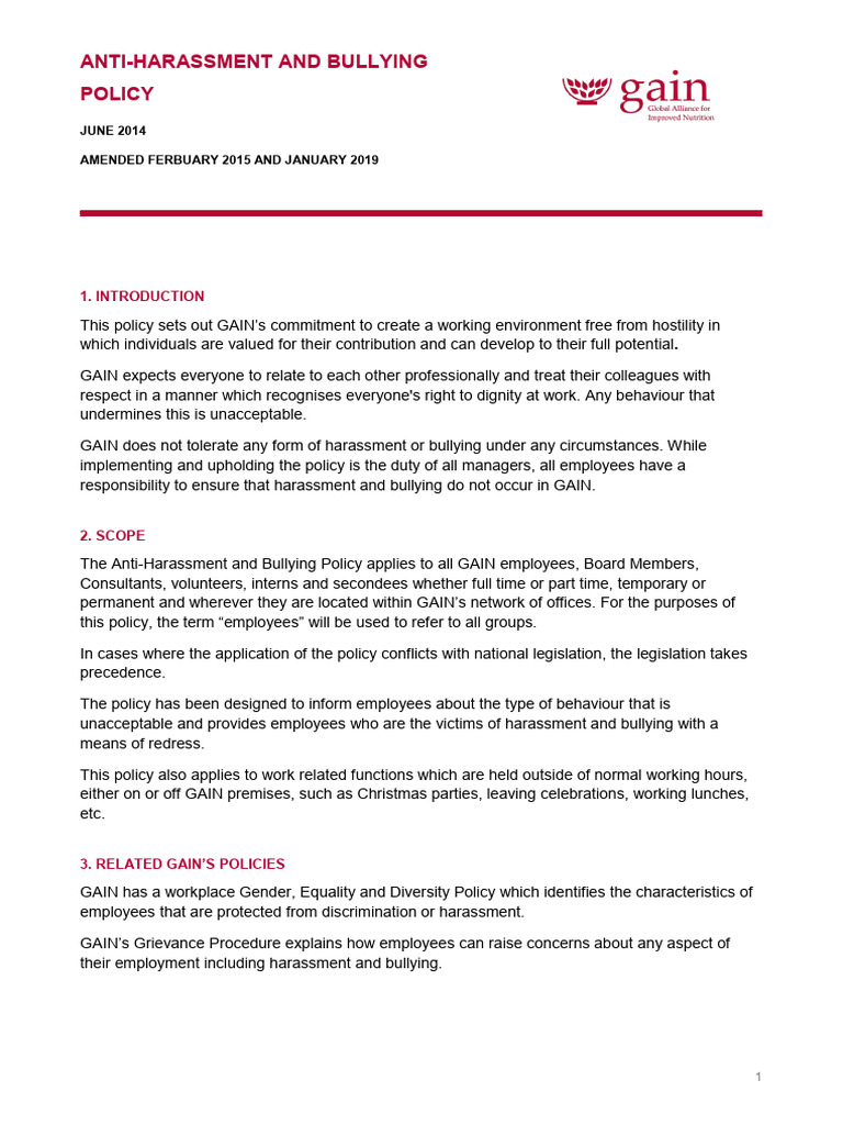 Gain Anti Harassment and Bullying Policy | PDF