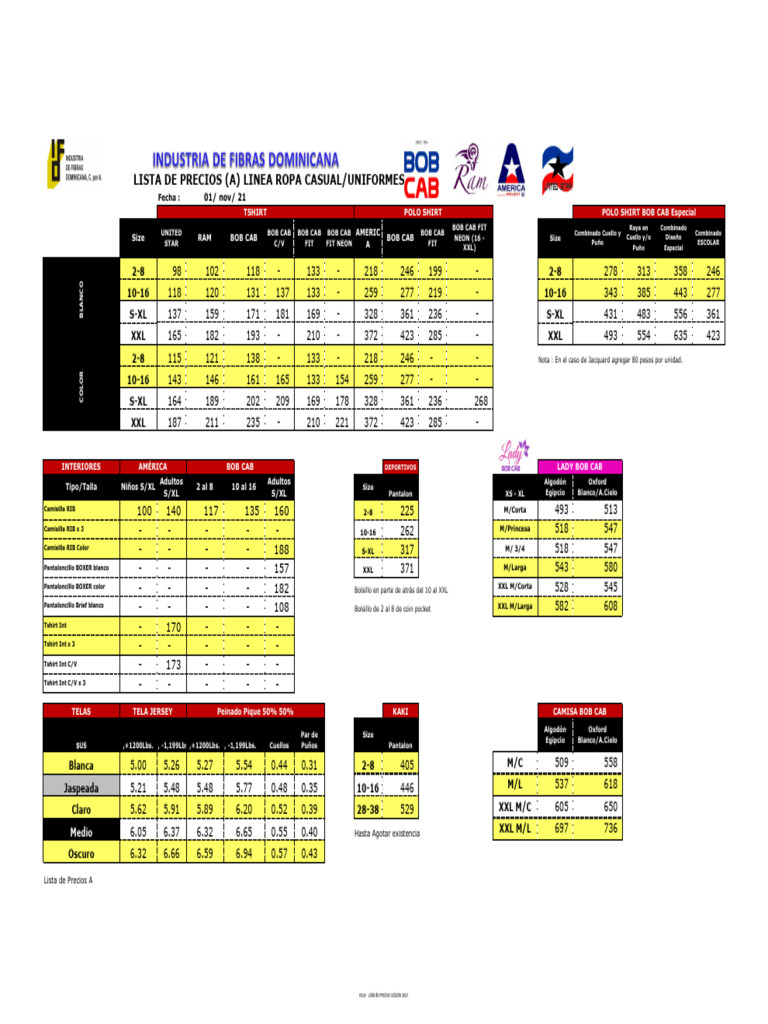 Lista de Precios Ropa Casual y Uniformes | PDF