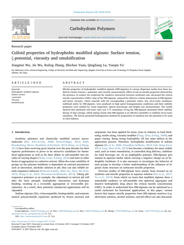 Colloid Properties of Hydrophobic Modified Alginate | PDF