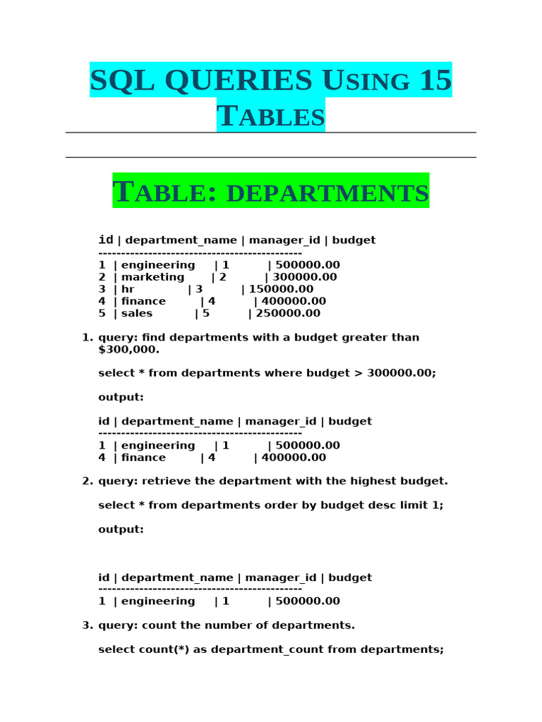 Sql Queries U 15 T T Sing Ables Able Departments Pdf 