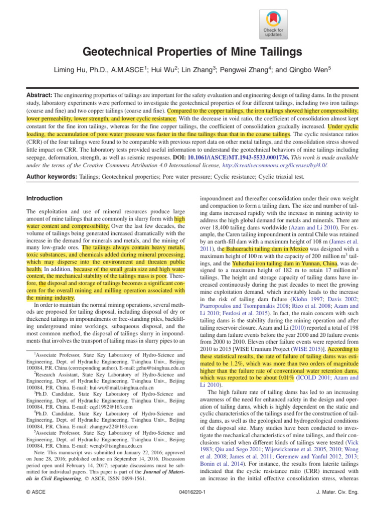 Hu Et Al 2016 Geotechnical Properties of Mine Tailings | PDF