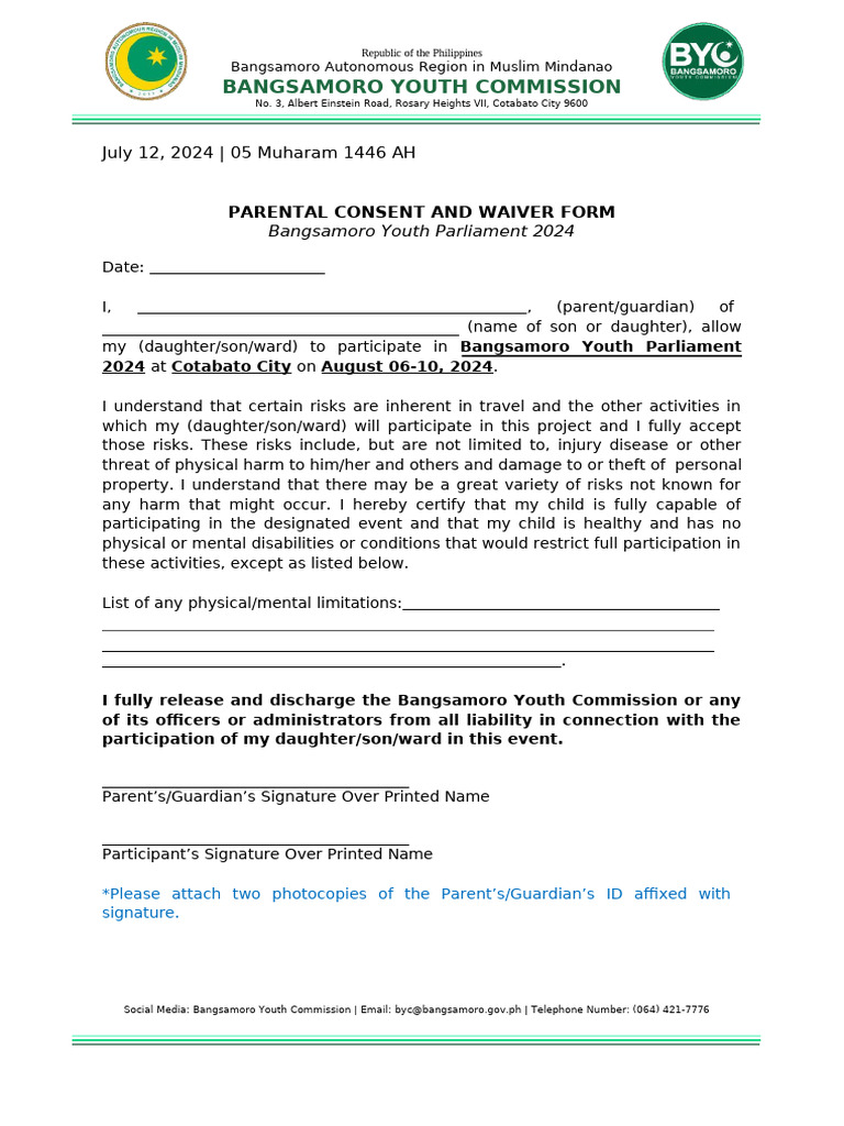Parental Consent for Bangsamoro Youth Parliament | PDF | Wellness
