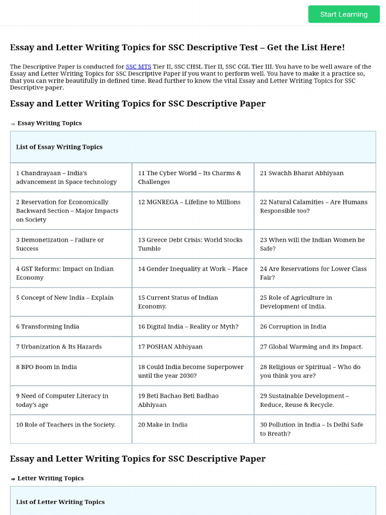 Essay and Letter Writing Topics For SSC Descriptive Test - Read Here ...