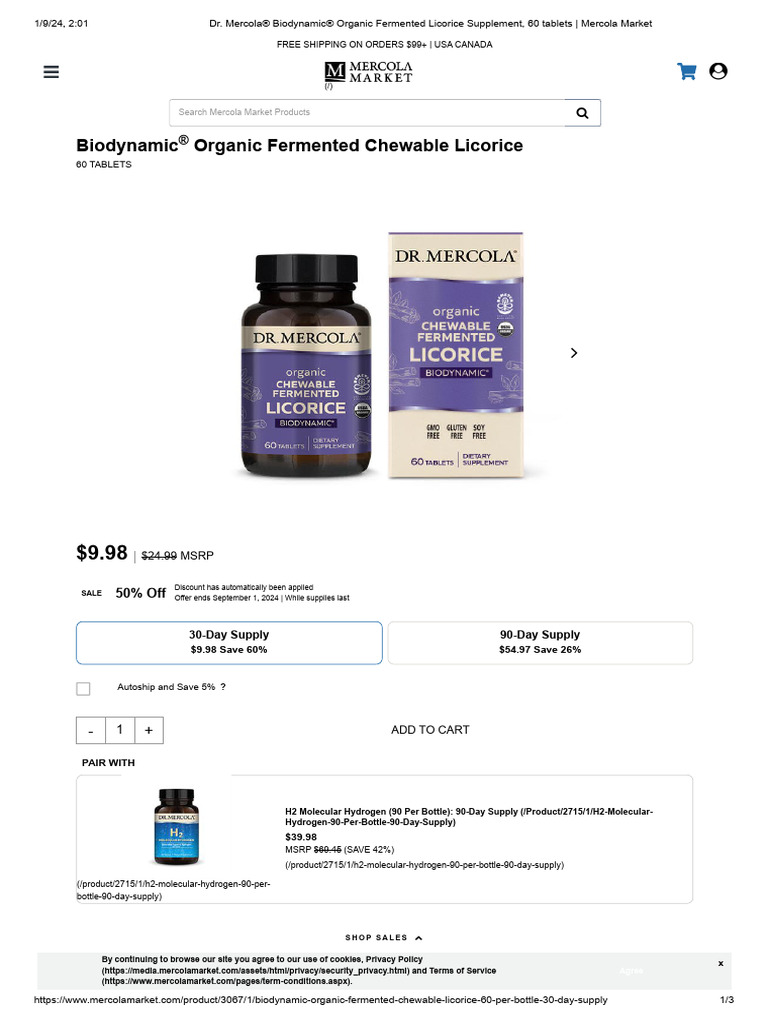 Dr. Mercola® Biodynamic® Organic Fermented Licorice Supplement, 60 ...