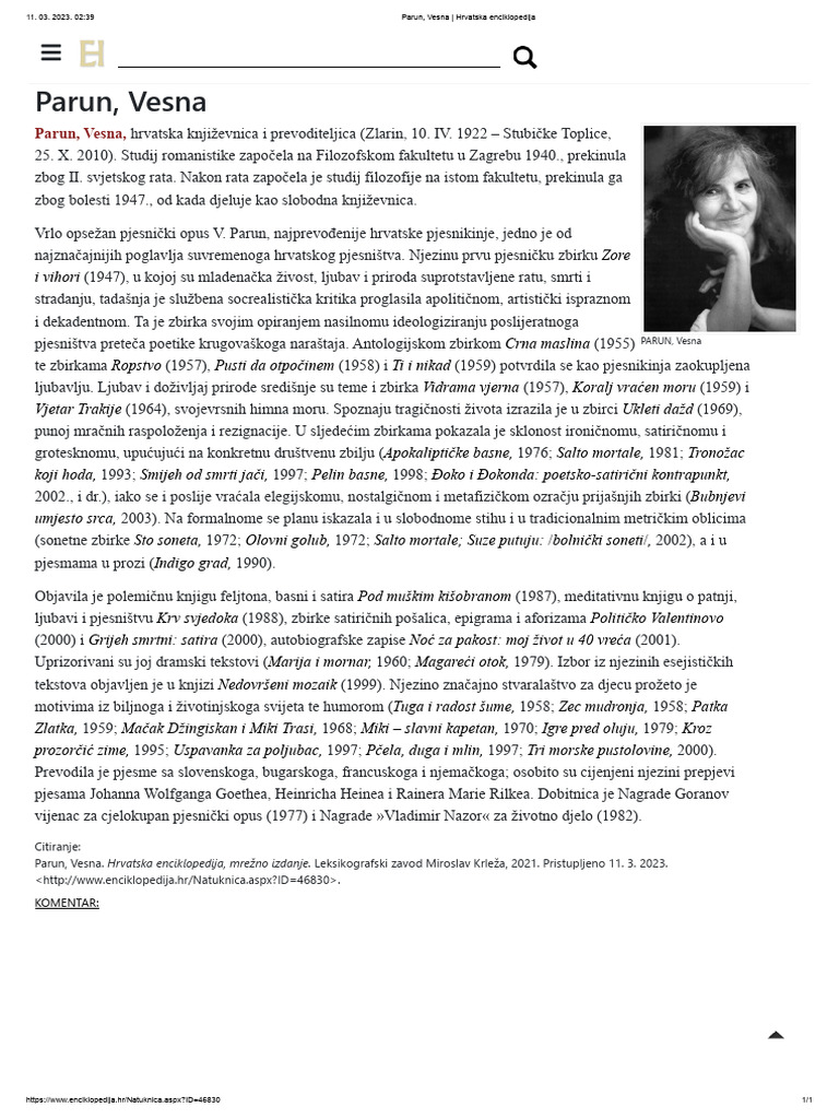 Parun, Vesna - Hrvatska Enciklopedija | PDF