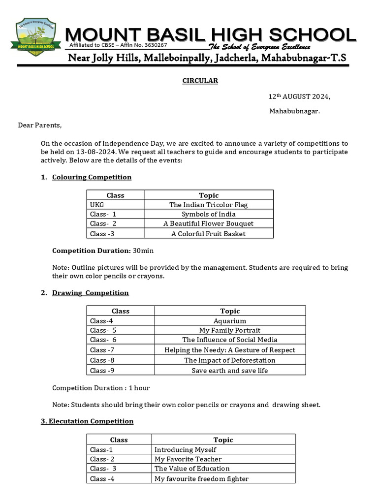 independence day celebration circular to parents