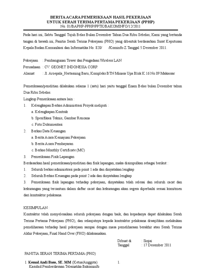 hasil berita acara pelelangan Hasil Pekerjaan Pemeriksaan Berita Acara hasil berita acara pelelangan Hasil Pekerjaan Pemeriksaan Berita Acara