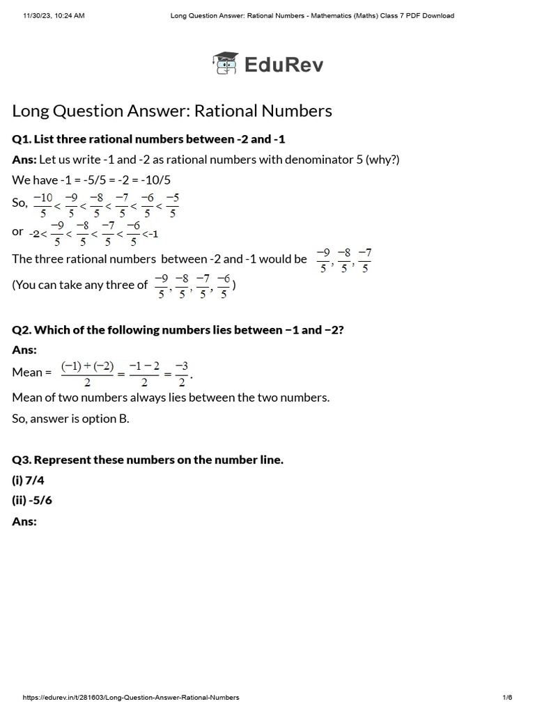 Long Question Answer - Rational Numbers - Mathematics (Maths) Class 7 ...