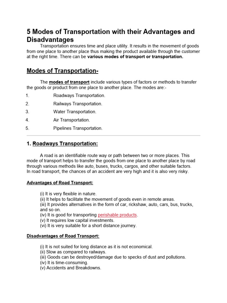 5 Modes of Transportation With Their Advantages and Disadvantages | PDF