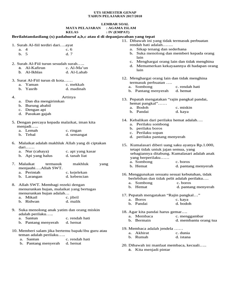 

<p><strong>Latihan Soal PAI Kelas 4: Bekal Mutiara Ilmu</strong></p>
<p>” title=”</p>
<p><strong>Latihan Soal PAI Kelas 4: Bekal Mutiara Ilmu</strong></p>
<p>“></p>
<ol>
<li>
<p><strong>Mengukur Tingkat Pemahaman:</strong> Soal-soal latihan membantu siswa dan guru mengidentifikasi area mana saja yang sudah dikuasai dengan baik dan area mana yang masih memerlukan perhatian lebih. Ini menjadi dasar untuk penyesuaian metode pembelajaran.</p>
</li>
<li>
<p><strong>Memperkuat Ingatan (Reinforcement):</strong> Mengulang kembali materi melalui pengerjaan soal-soal membantu siswa menginternalisasi konsep-konsep yang telah diajarkan. Proses ini mirip dengan mengasah kembali pisau agar tetap tajam.</p>
</li>
<li>
<p><strong>Meningkatkan Keterampilan Menjawab Soal:</strong> Latihan yang teratur membiasakan siswa dengan format soal yang berbeda-beda (pilihan ganda, isian singkat, uraian), sehingga mereka tidak merasa asing saat menghadapi penilaian formal.</p>
</li>
<li>
<p><strong>Membangun Kepercayaan Diri:</strong> Ketika siswa berhasil menjawab soal-soal latihan, rasa percaya diri mereka akan meningkat. Ini mendorong mereka untuk terus belajar dan bersemangat dalam mengejar ilmu.</p>
</li>
<li>
<p><strong>Mengidentifikasi Kesulitan Belajar:</strong> Terkadang, kesulitan dalam menjawab soal dapat mengindikasikan adanya kesalahpahaman konsep atau gaya belajar yang kurang cocok. Guru dan orang tua dapat menggunakan informasi ini untuk memberikan bimbingan yang lebih terarah.</p>
</li>
<li>
<p><strong>Menumbuhkan Kemandirian Belajar:</strong> Dengan adanya kumpulan soal, siswa dapat berlatih secara mandiri di rumah, melatih kemampuan mereka untuk mencari solusi atas pertanyaan-pertanyaan yang diajukan.</p>
</li>
</ol>
<p><strong>Cakupan Materi Umum dalam Kumpulan Soal PAI Kelas 4</strong></p>
<p>Kumpulan soal PAI kelas 4 biasanya mencakup berbagai aspek penting dalam ajaran Islam yang sesuai dengan kurikulum yang berlaku. Materi-materi ini dirancang untuk memberikan pemahaman yang utuh kepada siswa mengenai rukun Islam, rukun Iman, sejarah nabi, adab sehari-hari, serta bacaan shalat dan Al-Qur’an dasar. Berikut adalah beberapa topik utama yang sering muncul:</p>
<ul>
<li><strong>Mengenal Allah Swt. dan Sifat-Nya:</strong> Materi ini biasanya meliputi pemahaman dasar tentang keesaan Allah, penciptaan alam semesta sebagai bukti keberadaan-Nya, serta pengenalan beberapa sifat wajib Allah seperti Al-Alim (Maha Mengetahui) dan Al-Qadir (Maha Kuasa).</li>
<li><strong>Malaikat-Malaikat Allah:</strong> Siswa diajak mengenal tugas-tugas malaikat yang diutus Allah, seperti Jibril (menyampaikan wahyu), Mikail (membagikan rezeki), Israfil (meniup sangkakala), dan Izrail (mencabut nyawa).</li>
<li><strong>Kitab-Kitab Allah:</strong> Pengenalan terhadap kitab-kitab suci yang diturunkan Allah kepada para rasul-Nya, seperti Zabur kepada Nabi Daud, Taurat kepada Nabi Musa, Injil kepada Nabi Isa, dan Al-Qur’an kepada Nabi Muhammad Saw. Penekanan biasanya diberikan pada Al-Qur’an sebagai kitab terakhir dan penyempurna.</li>
<li><strong>Nabi dan Rasul Allah:</strong> Memahami konsep nabi dan rasul, perbedaan keduanya, serta mengenal beberapa nabi dan rasul ulul azmi seperti Nuh, Ibrahim, Musa, Isa, dan Muhammad. Fokus juga pada kisah-kisah teladan dari para rasul.</li>
<li><strong>Rukun Islam:</strong> Penguasaan terhadap lima rukun Islam, yaitu syahadat, shalat, zakat, puasa, dan haji. Soal-soal akan menguji pemahaman tentang makna, tata cara, dan hikmah dari setiap rukun.</li>
<li><strong>Rukun Iman:</strong> Pemahaman terhadap enam rukun iman, yaitu iman kepada Allah, malaikat Allah, kitab-kitab Allah, rasul-rasul Allah, hari kiamat, dan qada serta qadar.</li>
<li><strong>Tilawah dan Hafalan Al-Qur’an Dasar:</strong> Kemampuan membaca surat-surat pendek dalam Al-Qur’an seperti Al-Fatihah, An-Nas, Al-Falaq, Al-Ikhlas, Al-Lahab, dan lainnya. Soal bisa berupa melengkapi ayat, mengurutkan ayat, atau memilih terjemahan yang tepat.</li>
<li><strong>Shalat:</strong> Memahami tata cara shalat fardhu, mulai dari wudhu, bacaan-bacaan dalam shalat (takbiratul ihram, alfatihah, tahiyat, salam), hingga gerakan-gerakannya.</li>
<li><strong>Adab dan Akhlak:</strong> Pembelajaran tentang etika dan moral dalam kehidupan sehari-hari, seperti adab makan dan minum, adab berpakaian, adab bertetangga, adab berbicara, serta mencontoh akhlak Rasulullah Saw.</li>
<li><strong>Sejarah Singkat Tokoh Muslim:</strong> Mengenal beberapa sahabat Nabi atau tokoh muslim penting yang memiliki kontribusi dalam penyebaran Islam, meskipun materi ini mungkin tidak sedalam di kelas yang lebih tinggi.</li>
</ul>
<p><strong>Memanfaatkan Kumpulan Soal PAI Kelas 4 PDF Secara Efektif</strong></p>
<p>Kumpulan soal PAI kelas 4 dalam format PDF sangat mudah diakses dan digunakan. Baik orang tua maupun guru dapat mengoptimalkan penggunaannya dengan beberapa cara:</p>
<p><strong>Bagi Orang Tua:</strong></p>
<ol>
<li><strong>Pendampingan Belajar:</strong> Gunakan kumpulan soal sebagai bahan untuk berlatih bersama anak di rumah. Jelaskan setiap soal dengan sabar jika anak mengalami kesulitan.</li>
<li><strong>Simulasi Ujian:</strong> Ajak anak untuk mengerjakan soal-soal tersebut seolah-olah sedang ujian, untuk membiasakan diri dengan tekanan waktu dan format soal.</li>
<li><strong>Diskusi Mendalam:</strong> Setelah anak selesai mengerjakan, diskusikan jawaban yang benar dan salah. Ini bukan hanya tentang jawaban, tetapi juga pemahaman di baliknya. Jelaskan mengapa suatu jawaban benar atau salah dengan bahasa yang mudah dipahami anak.</li>
<li><strong>Identifikasi Kebutuhan Anak:</strong> Perhatikan jenis soal yang sering salah dijawab anak. Ini bisa menjadi indikator materi yang perlu diperdalam kembali bersama guru di sekolah atau melalui sumber lain.</li>
<li><strong>Ciptakan Suasana Positif:</strong> Hindari menjadikan latihan soal sebagai momok. Buatlah sesi belajar menjadi menyenangkan, misalnya dengan memberikan apresiasi atas usaha anak, bukan hanya hasil akhir.</li>
<li><strong>Variasi Soal:</strong> Jika memungkinkan, cari beberapa variasi kumpulan soal untuk memberikan perspektif yang lebih luas dan mencegah anak menghafal pola soal tertentu.</li>
</ol>
<p><strong>Bagi Guru:</strong></p>
<ol>
<li><strong>Bahan Latihan di Kelas:</strong> Gunakan sebagian soal sebagai latihan terbimbing di kelas untuk memperkuat pemahaman materi yang baru saja diajarkan.</li>
<li><strong>Tugas Mandiri:</strong> Berikan soal-soal tertentu sebagai tugas rumah agar siswa dapat berlatih secara mandiri dan orang tua dapat memantau perkembangan anak.</li>
<li><strong>Evaluasi Formatif:</strong> Gunakan hasil pengerjaan soal latihan sebagai alat evaluasi formatif untuk mengukur kemajuan belajar siswa secara berkala.</li>
<li><strong>Materi Remedial:</strong> Identifikasi siswa yang kesulitan berdasarkan hasil latihan dan berikan materi remedial yang spesifik untuk membantu mereka mengatasi kesulitannya.</li>
<li><strong>Inspirasi Pembuatan Soal:</strong> Kumpulan soal yang ada dapat menjadi inspirasi bagi guru dalam merancang soal-soal evaluasi yang lebih bervariasi dan relevan dengan konteks pembelajaran di kelas.</li>
<li><strong>Diskusi Kelas:</strong> Beberapa soal, terutama yang bersifat uraian atau studi kasus sederhana, dapat menjadi bahan diskusi menarik di kelas untuk menggali pemahaman siswa lebih dalam.</li>
</ol>
<p><strong>Tips Memilih Kumpulan Soal PAI Kelas 4 PDF yang Berkualitas:</strong></p>
<p>Ketika mencari kumpulan soal PAI kelas 4 dalam format PDF, perhatikan beberapa hal berikut untuk memastikan kualitas dan relevansinya:</p>
<ul>
<li><strong>Keselarasan dengan Kurikulum:</strong> Pastikan materi yang tercakup dalam soal sesuai dengan kurikulum PAI yang berlaku di sekolah.</li>
<li><strong>Variasi Tipe Soal:</strong> Kumpulan soal yang baik akan memiliki variasi tipe soal, seperti pilihan ganda, isian singkat, menjodohkan, dan uraian.</li>
<li><strong>Tingkat Kesulitan yang Tepat:</strong> Soal harus sesuai dengan kemampuan kognitif siswa kelas 4 SD. Hindari soal yang terlalu sulit atau terlalu mudah.</li>
<li><strong>Kejelasan Bahasa dan Format:</strong> Soal harus ditulis dengan bahasa yang jelas, mudah dipahami, dan bebas dari kesalahan pengetikan. Format PDF yang rapi akan memudahkan pencetakan atau pengerjaan digital.</li>
<li><strong>Adanya Kunci Jawaban (Opsional, namun sangat membantu):</strong> Kunci jawaban sangat membantu orang tua dan guru dalam memeriksa hasil pengerjaan siswa secara cepat dan akurat.</li>
<li><strong>Sumber Terpercaya:</strong> Utamakan kumpulan soal yang berasal dari sumber-sumber yang terpercaya, seperti situs pendidikan resmi, guru PAI berpengalaman, atau penerbit buku pelajaran.</li>
</ul>
<p><strong>Penutup</strong></p>
<p>Kumpulan soal agama Islam kelas 4 dalam format file PDF adalah sumber daya yang sangat berharga untuk mendukung proses pembelajaran siswa. Dengan latihan yang teratur dan bimbingan yang tepat, siswa kelas 4 dapat memperdalam pemahaman mereka tentang ajaran Islam, membangun karakter yang kuat, serta menumbuhkan kecintaan terhadap agama. Mari manfaatkan kemudahan teknologi untuk membekali generasi penerus dengan mutiara ilmu agama yang berharga.</p>
		</div>

		
		
		
		
		<nav class=