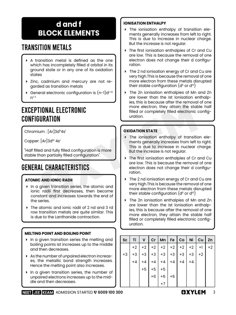 4.d AND F BLOCK ELEMENTS - SHORT NOTES | PDF