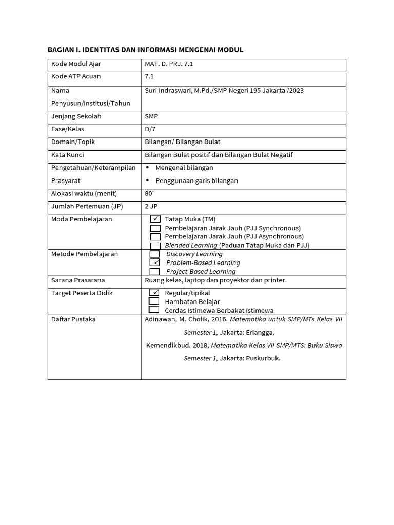 Modul Ajar Bilangan Bulat Pdf