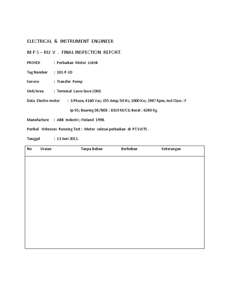 Final Inspection Report: Electric Motor Repair | PDF