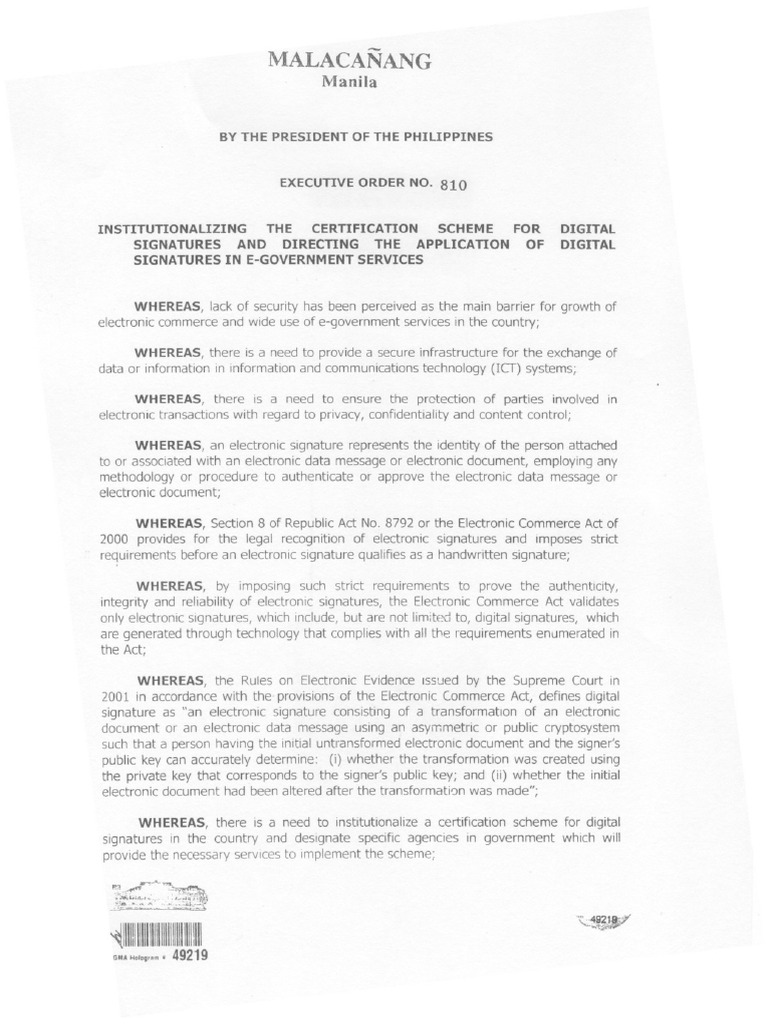 Executive Order No. 810 s.2009 (Digital Signature) | PDF
