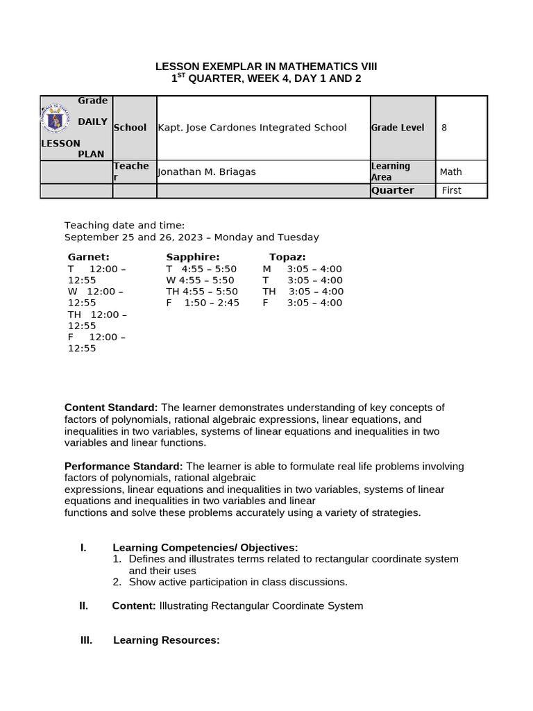 Grade 8 Maths Lesson Plan: Week 4 | PDF | Equations | Variable ...