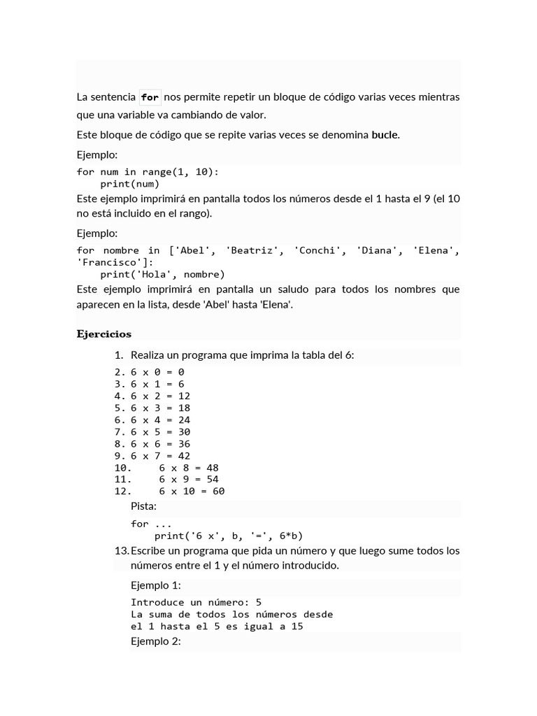 Ejemplos y ejercicios de bucles for en Python | PDF | Python (lenguaje ...