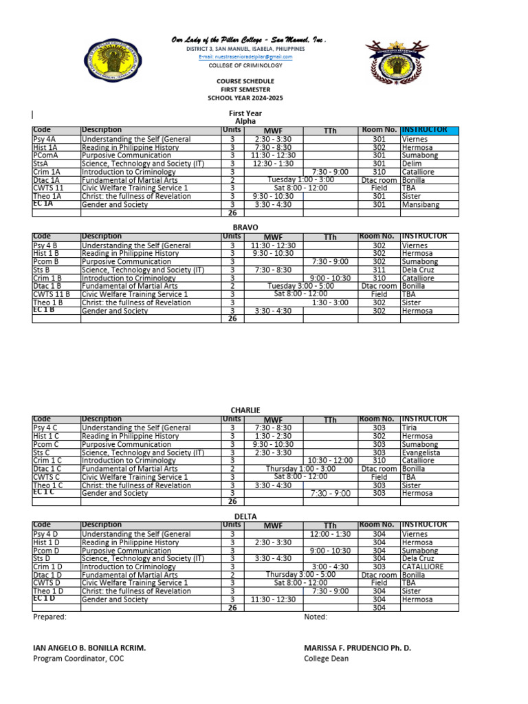 1st Year College Course Schedule 2024-25 | PDF | Science And Technology