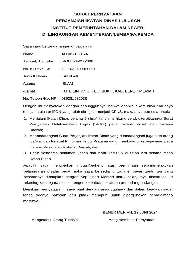 Surat Pernyataan Ikatan Dinas | PDF