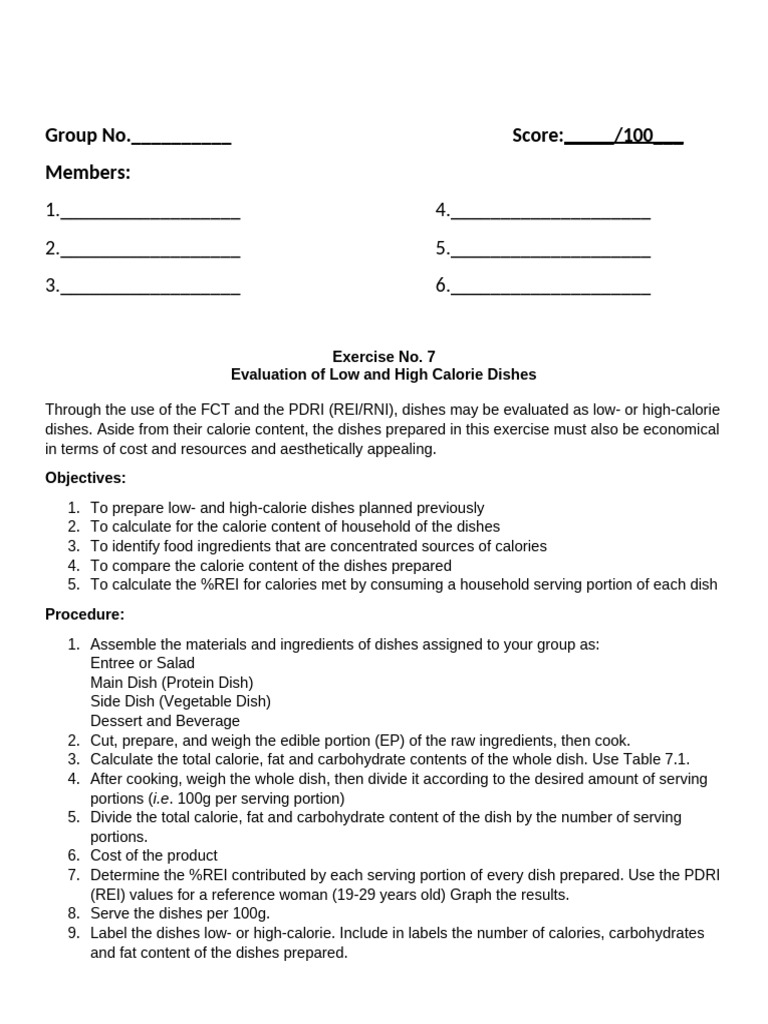 Exercise no 7 preparation and evaluation of low calorie and high