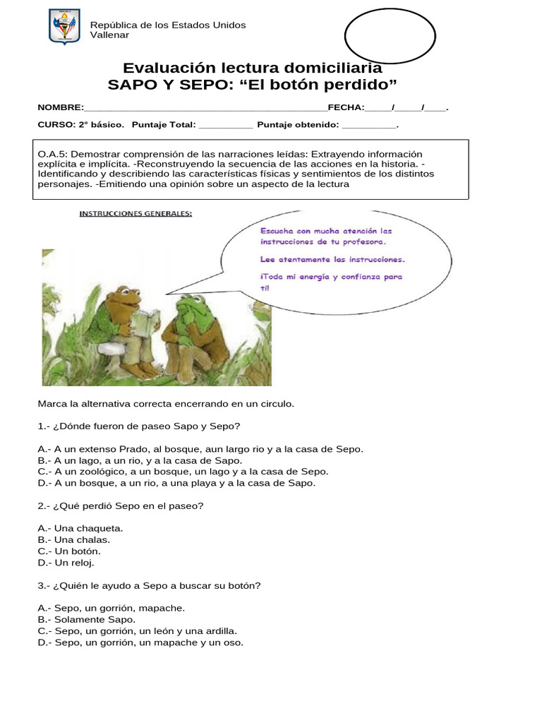 Evaluación Sapo y Sepo Boton Perdido. | PDF