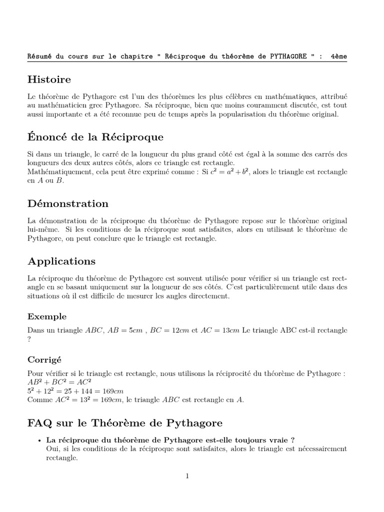 Résumé Cours Réciproque Pythagore | PDF