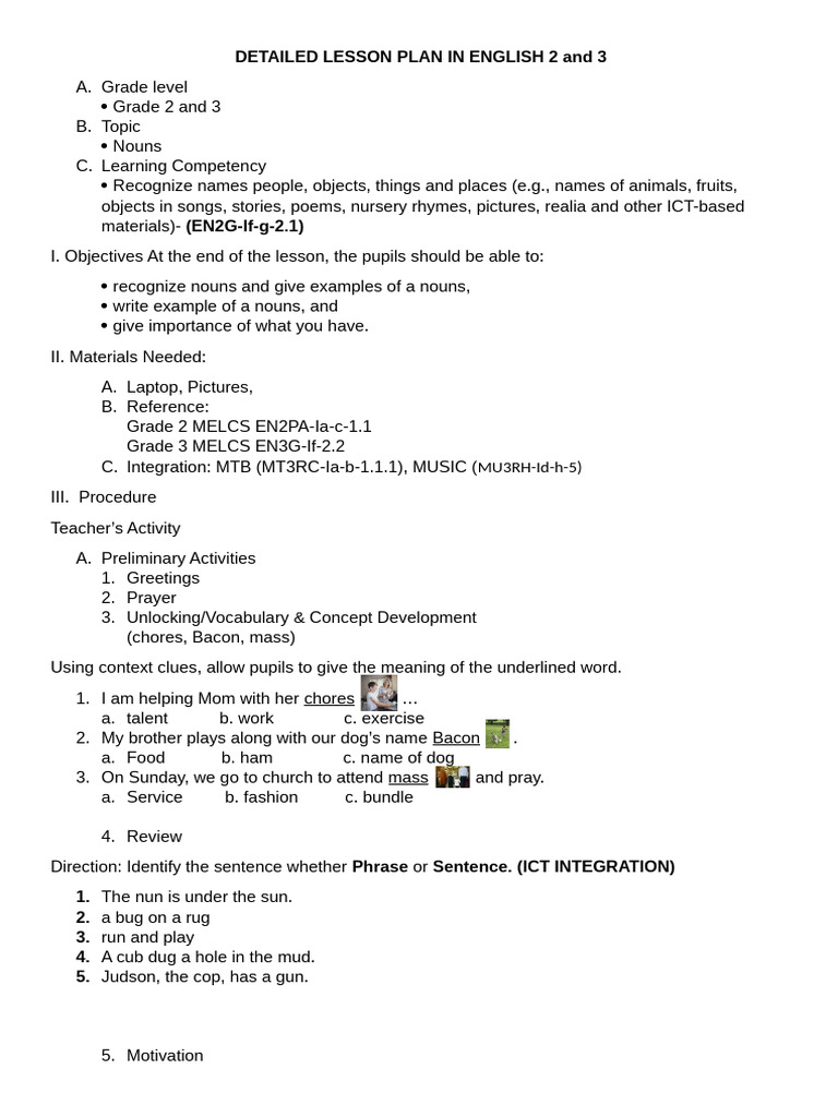 Grade 2 English Lesson Plan: Nouns | PDF | Learning | Language Arts ...