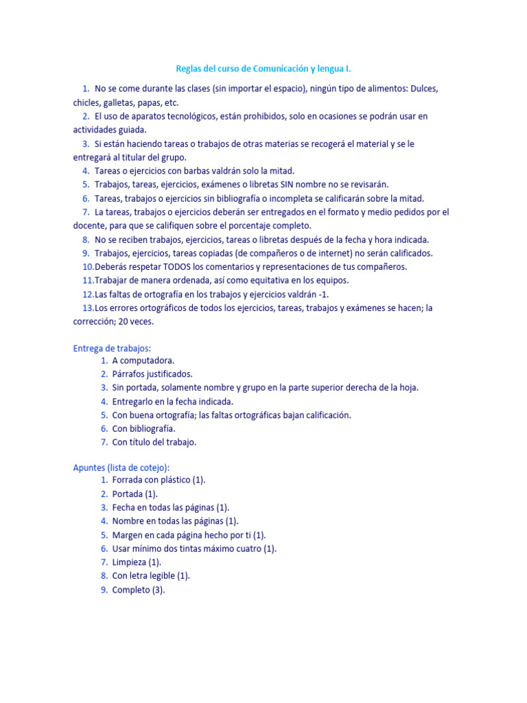 Reglas Del Curso de Lengua I | PDF | Artes del Lenguaje y Comunicación