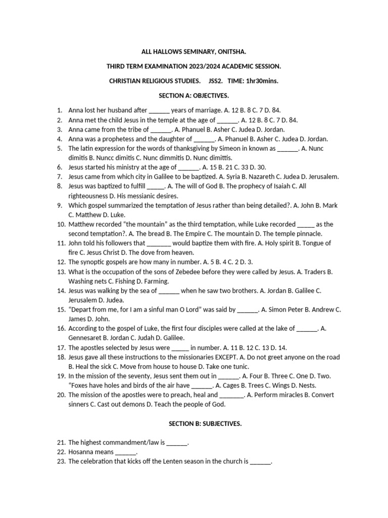 CRS Exam Third Term JSS2 | PDF