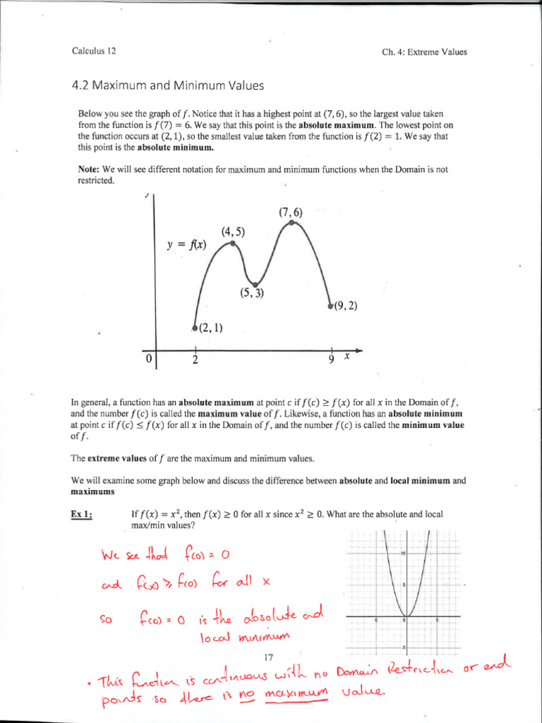 Section 4.2 - Maximum and Minimum Values - Filled Examples | PDF
