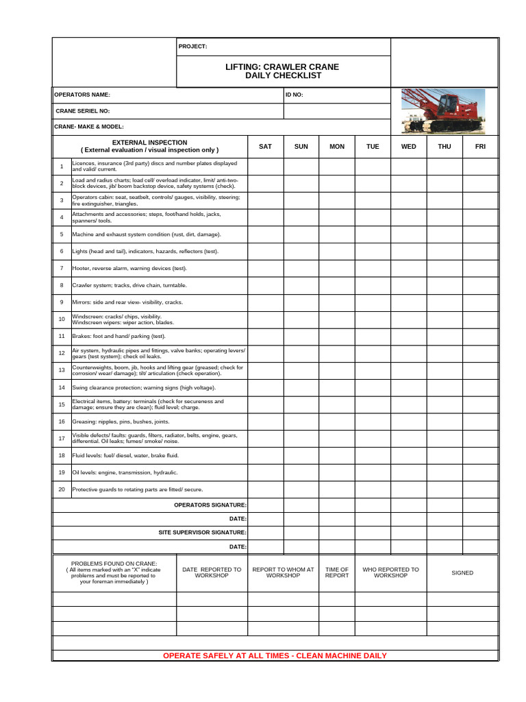 Crawler Crane Inspection Checklist | PDF | Crane (Machine) | Leak