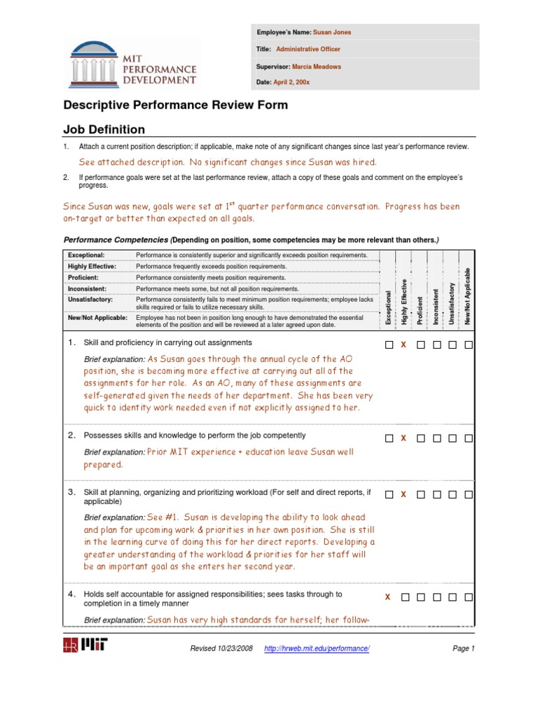 Descriptive Review Sample Competence (Human Resources) Employment