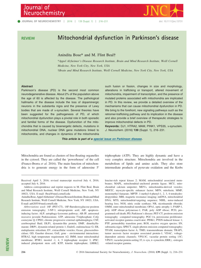 Mitochondrial Dysfunction in Parkinson S Disease | PDF