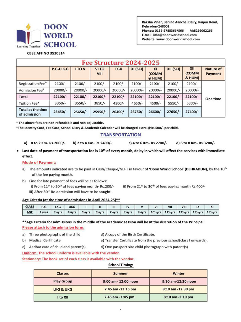 Doon World School Fee 2024 25 | PDF