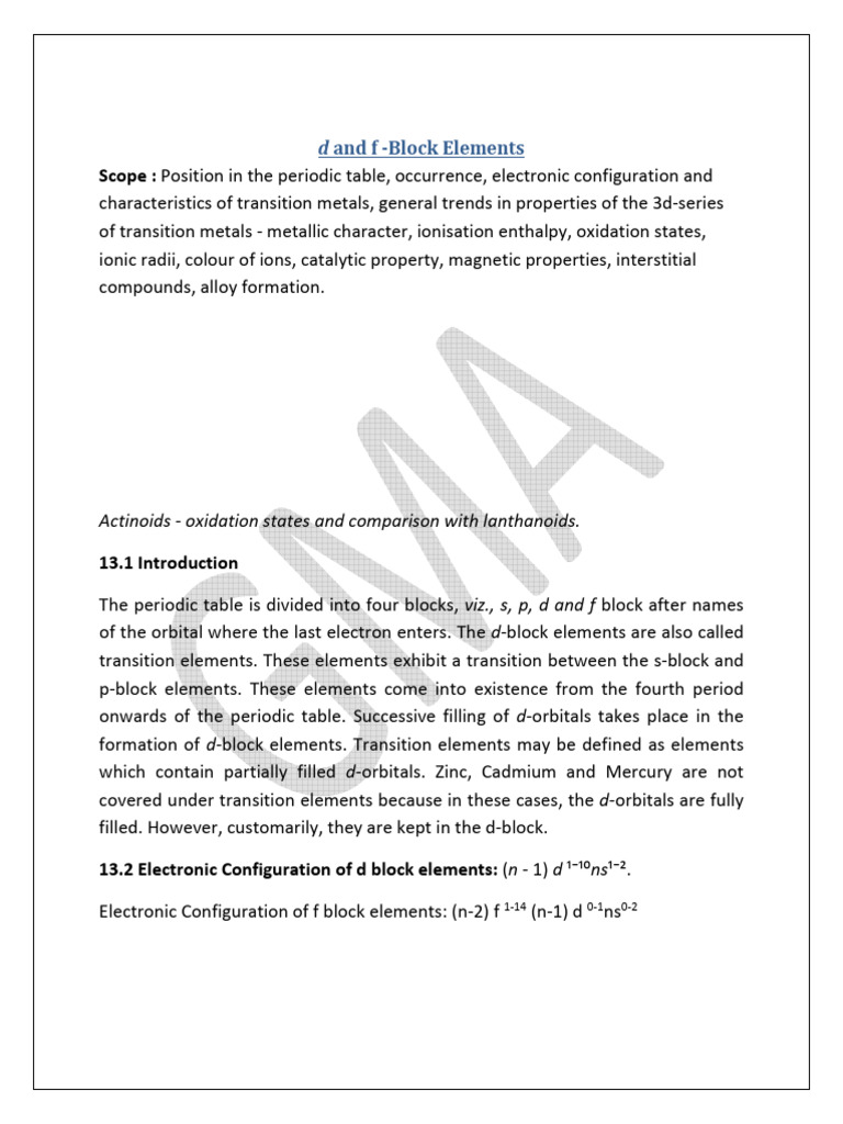 D and F Block Elements - Notes 2023-24 | PDF