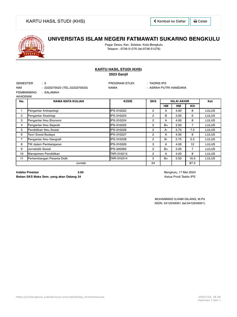 Kartu Hasil Studi Sem 3 Pdf