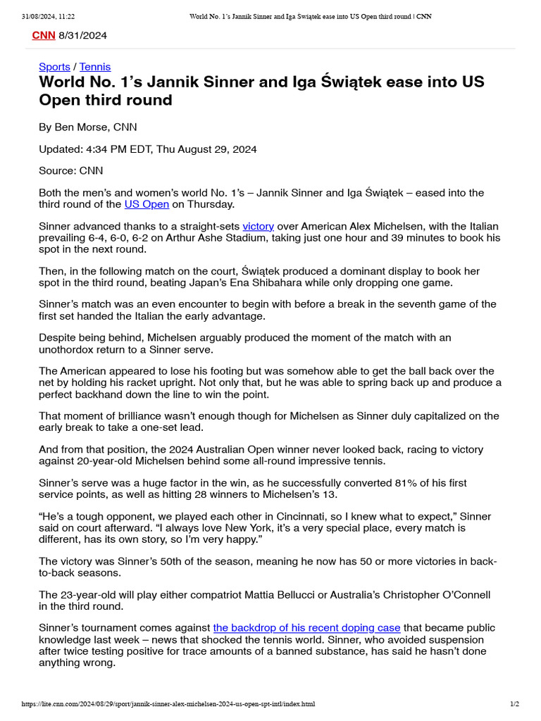 World No. 1's Jannik Sinner and Iga Świątek Ease Into US Open Third