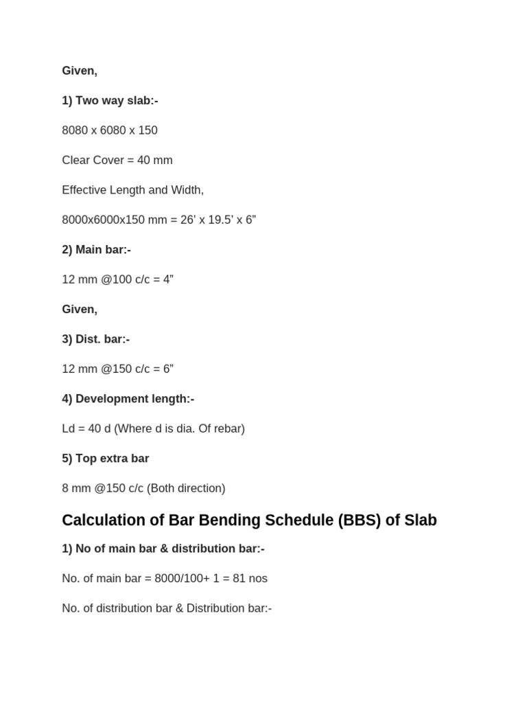 Calculation of Bar Bending Schedule (BBS) of Slab: Given, 1) Two Way ...