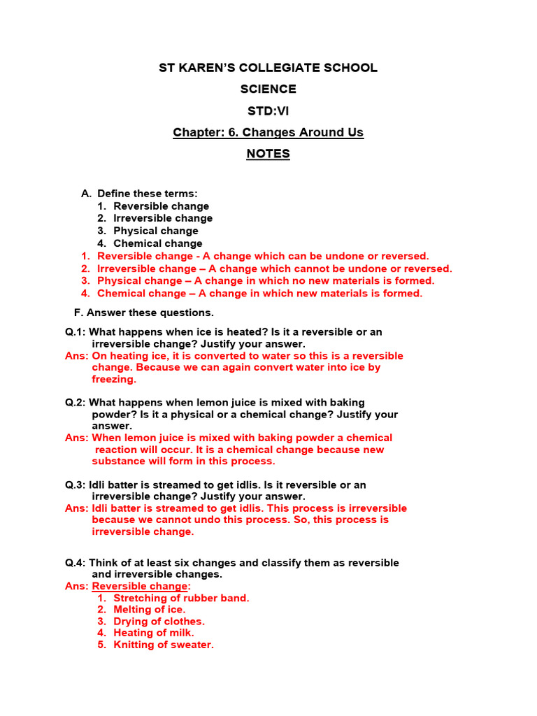 Changes Around Us: Class 6 Notes | PDF | Water | Ice