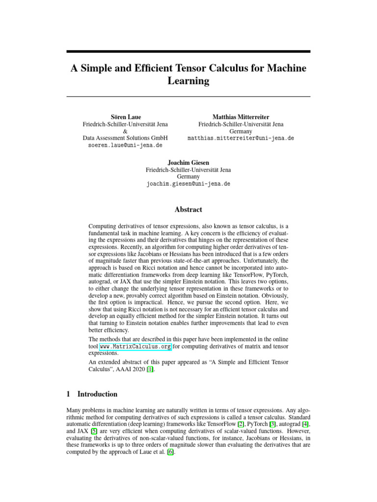A Simple and Efficient Tensor Calculus For Machine Learning: Soeren ...