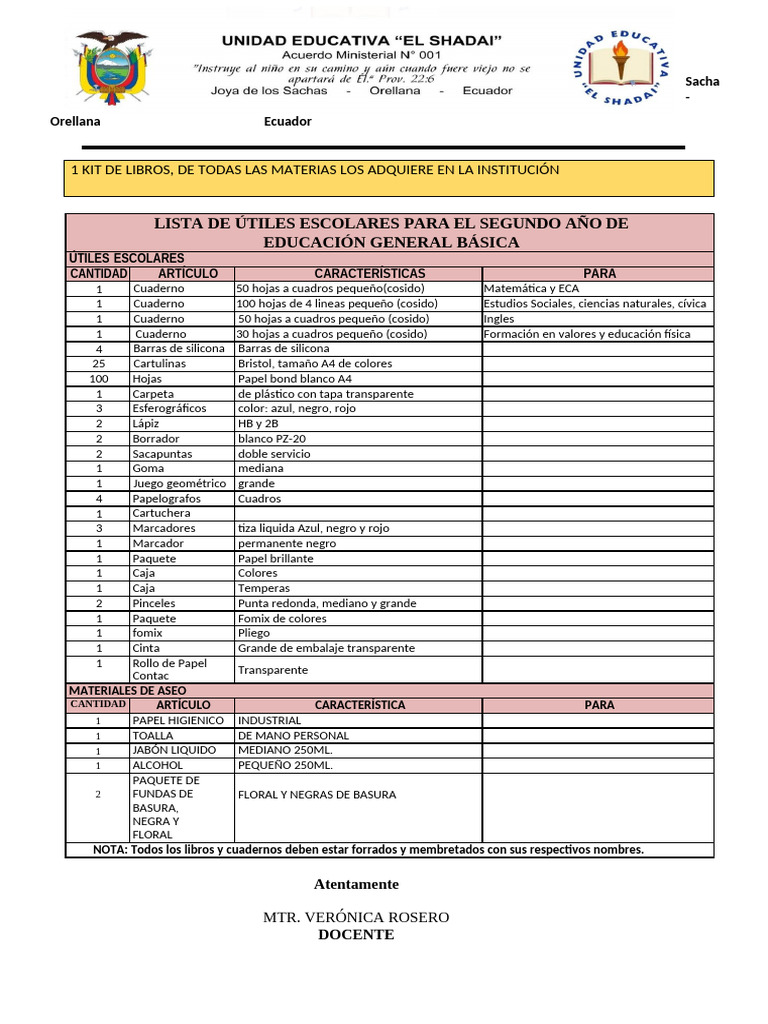 Lista de Útiles Escolares Segundo Grado | PDF | Cuaderno