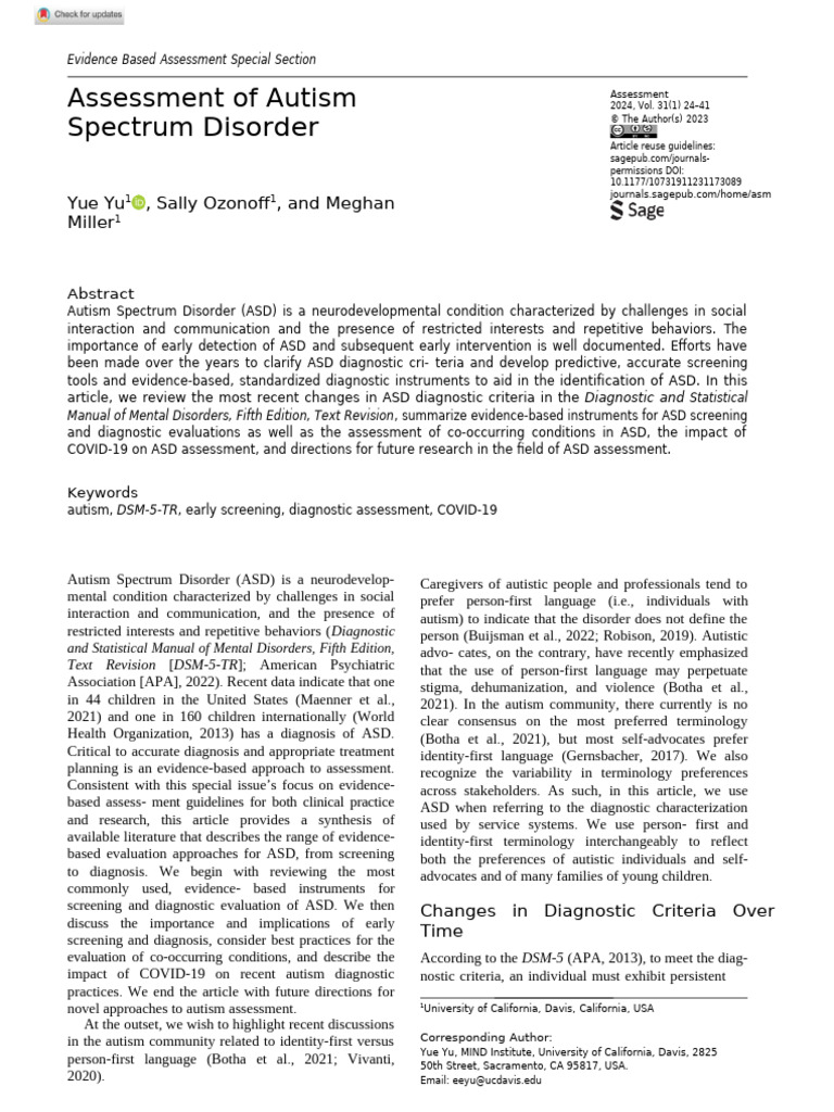 Yu Et Al 2023 Assessment of Autism Spectrum Disorder | PDF
